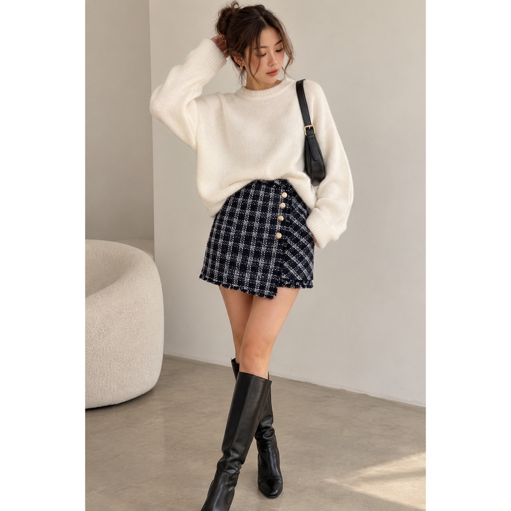 Massimo Dutti Navy White Tweed‎ Plaid Mini Skirt Gold Button Fringe Trim 8